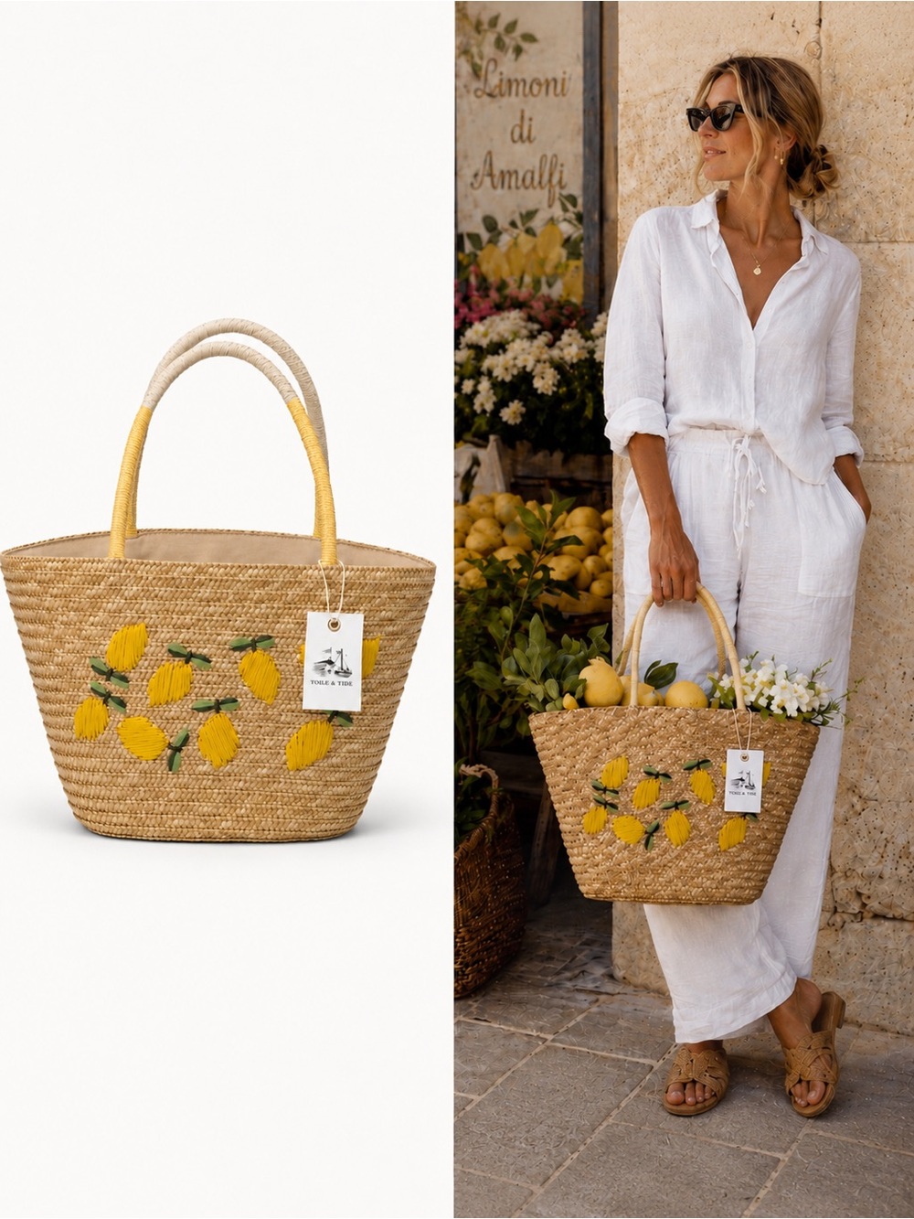 Toile & Tide Lemon Embroidered Straw Tote Bag | Summer Vacation Handbag